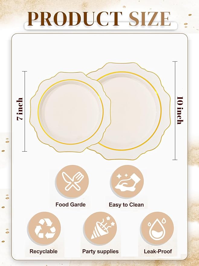 WDF 100PCS Ivory Plastic Plates with Gold Rim - Cream Plastic Plates - Include 50 Dinner & 50 Dessert Fancy Disposable Plate for Party - Heavy Duty Beige Plate for Baby Shower/Wedding