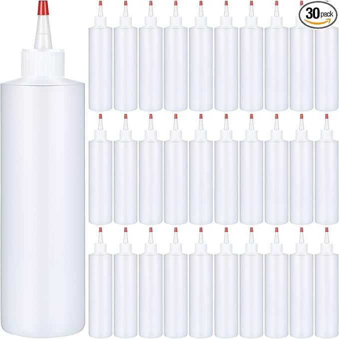 Irenare 30 Pack Plastic Condiment Squeeze Bottles for Sauces Empty Squirt Bottle with Top Cap for Condiment BBQ, Dressing, Paint, Workshop, Crafts(Red,16 oz)