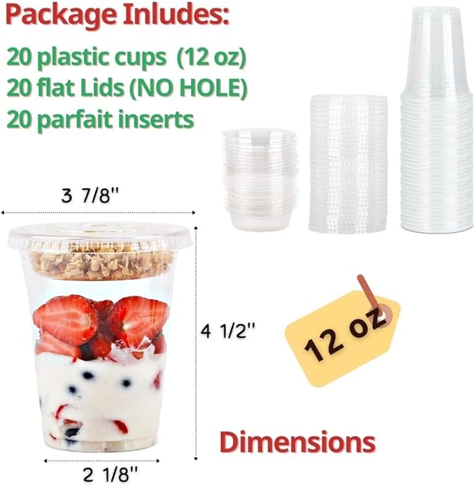 Aatriet 12 oz Clear Plastic Parfait Cups with Insert 3.25oz & Flat Lids No Hole - (20 Sets) Yogurt Fruit Parfait Cups for Kids, for Dips and Veggies, Take Away Breakfast and Snacks. No Leaking