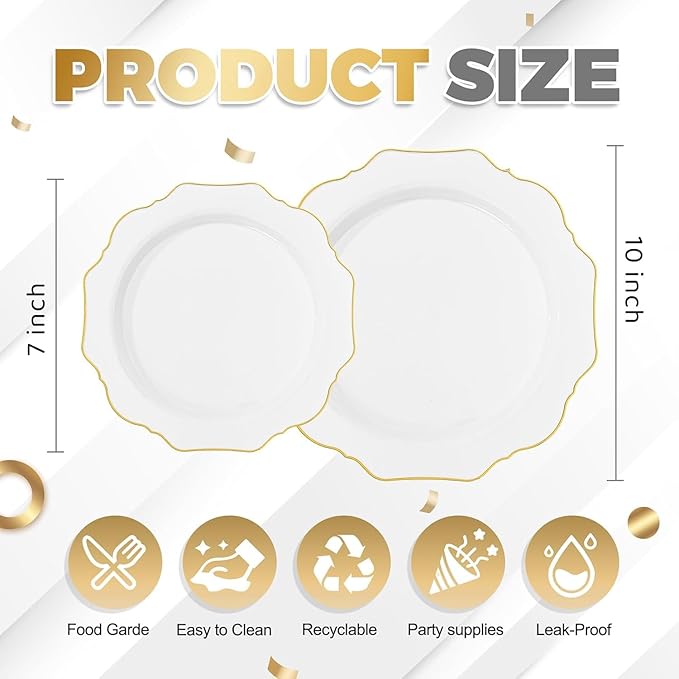 WDF 200PCS White and Gold Plastic Plates - Gold Plastic Plates - Include 100 Dinner & 100 Dessert Disposable Party Plate - Fancy Disposable Plate for Wedding/Baby Shower/Spring
