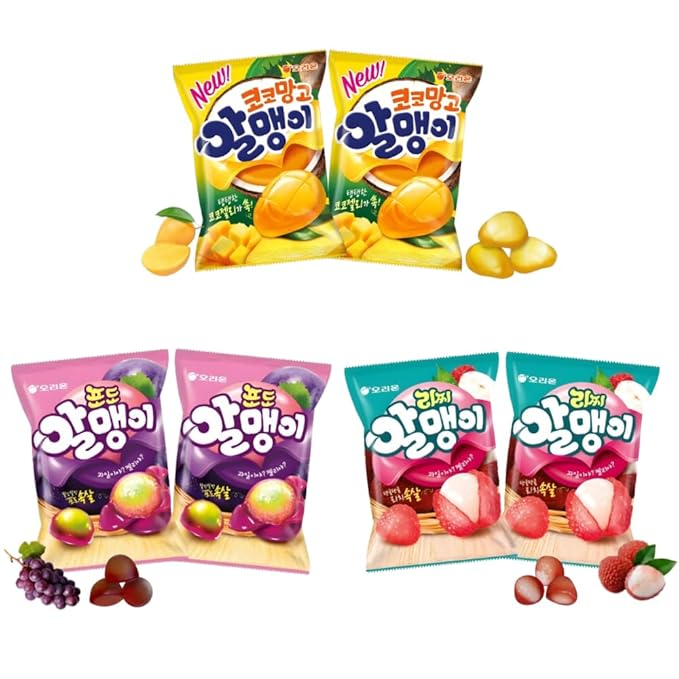 Korean Fruit Jelly Candy – Assorted Chewy Gummy Snacks – 3 Fruity Flavors (Grape, Lychee, Mango) – Individually Wrapped – Perfect for Kids & Adults – 알맹이젤리 (3 Flavor Mix–1.26oz(36g) × 6pack)