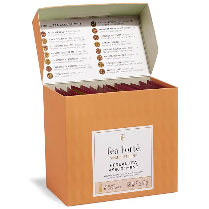 Tea Forte Single Steeps Loose Leaf Tea Sampler, Assorted Variety Tea Box, 15 Single Serve Pouches, Gifts for Mom, Herbal