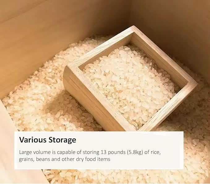 Wooden Rice Storage Container with Lid and Measuring Cup, 13lbs (5.8kg) - Grains, Beans and Dry Food