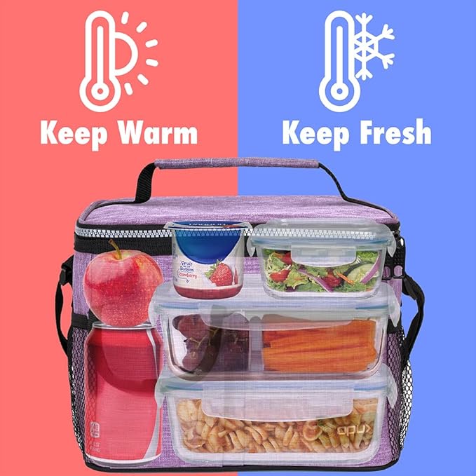 opux Insulated Lunch Box for Men Women Kids, Leakproof Reusable Lunch Bag Cooler for Work School Office, Soft Thermal Lunchbox Tote Shoulder Strap for Boys Girls Adults, Heather Purple, 14 Can/8L