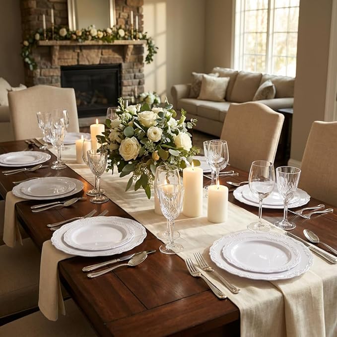 U-QE 60PCS White-Plastic-Plates for Party - High End Disposable Plates for Weddings - White Plates Disposable Heavy Duty Including 30PCS 10.25'' Dinner Plates & 30PCS 7.5'' Dessert Plates