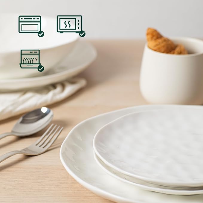 HOMBENE Dinner Pasta Set for 6, Dinner Plates, Salad Snacks Plates for Kitchen, Porcelain Dinner Plate, Microwave & Dishwasher Safe, Dinnerware Set, 10.5 Inches, Sun-glitter Style, White