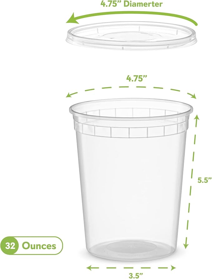 Elegant Disposables 32 OZ - 24 Sets Plastic Deli Food Storage Containers with Airtight Flexible Lids Microwavable, Leak Free, Washable, Freezer Safe.