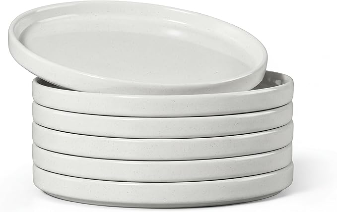 E-far 7.9 Inch Ceramic Dinner Plates, 6-Piece Stoneware Salad Plates with Raised Edges, Chip & Scratch Resistant | Microwave & Dishwasher Safe Dessert Dishes for Appetizer Salad, Speckled White
