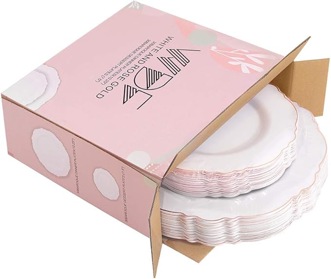 WDF 60pcs Rose Gold Plastic Plates-Baroque White &Rose Gold Disposable Plates including 30Plastic Dinner Plates 10.25inch, 30 Salad Plates 7.5inch for Wedding/Party/Birthday/Mother's Day