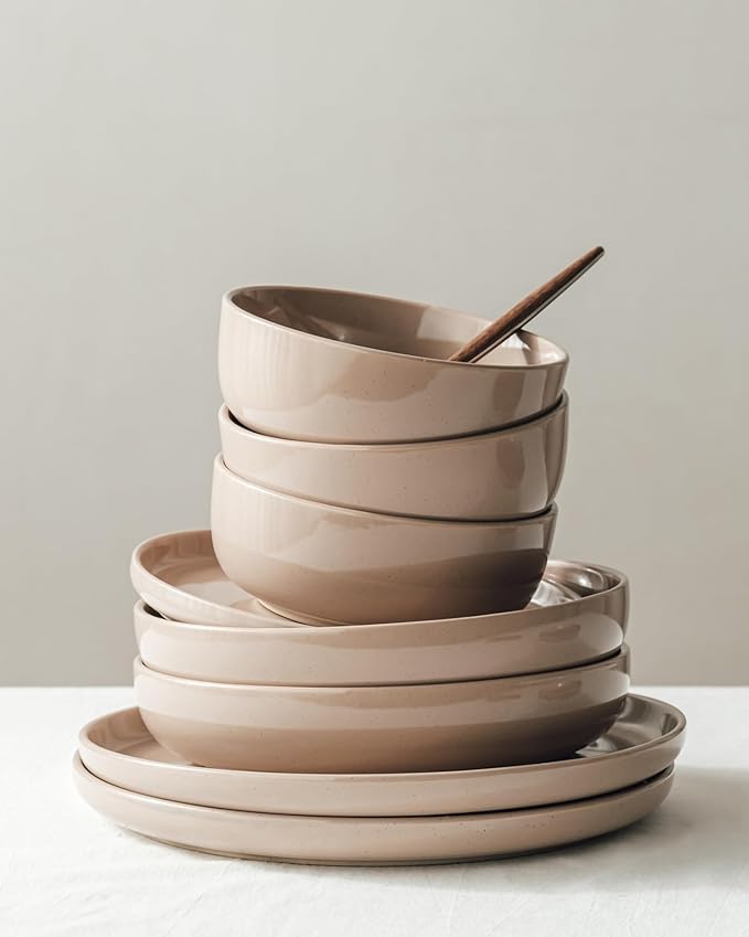 Famiware Milkyway Stoneware Dinnerware Sets with Pasta Bowls, Service for 6 (24 Pieces), Plates and Bowls Sets -Scratch Resistant, Microwave and Dishwasher Safe Dishes Set, Cinnamon Brown