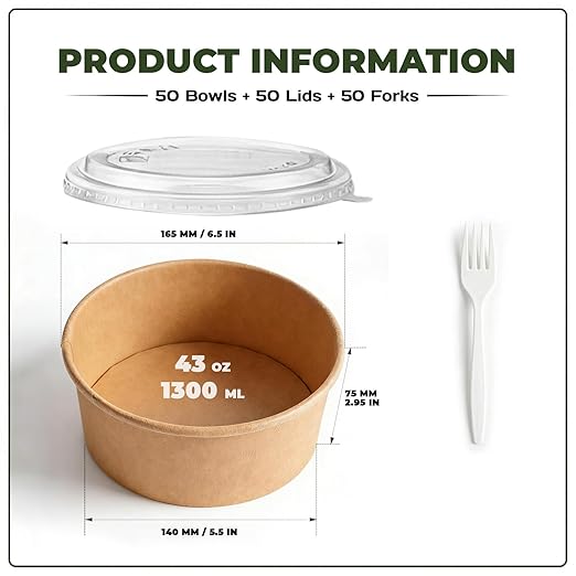 TOPtoper 43Oz 50Pcs Large Paper Bowls with Lids and Forks, Heavy Duty Disposable Meal Prep Containers for Hot/Cold Food, Soup, Disposable Bowls Bulk Soak-Proof for Party