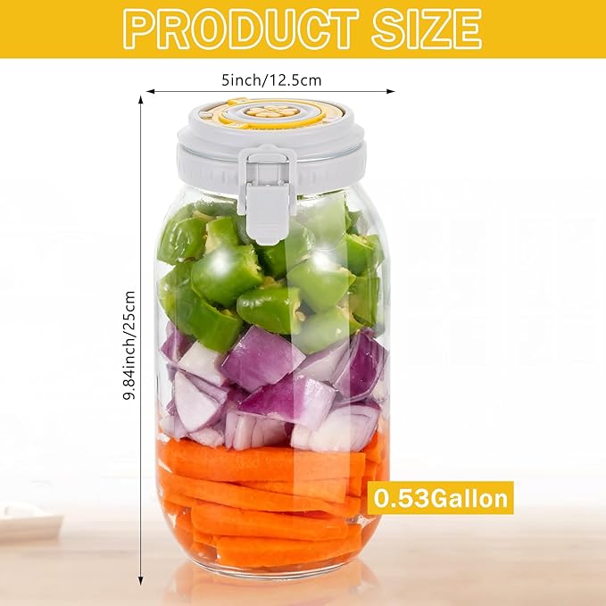 2 Pack Fermentation Jar with Automatic Venting & Date Marker - 2L Airtight Glass Storage Jar for Pickles, Kimchi, Jams, Dry Goods, Leak-Proof Food Container (0.53 US Gal / 67.6 US fl oz)