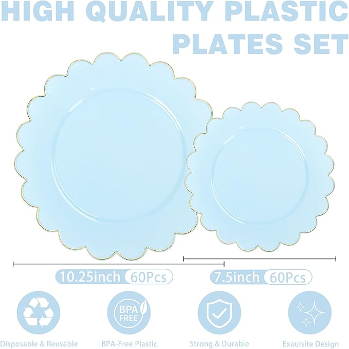 LIYH 120 Pcs Baby Blue Plastic Plates with Gold Edge - Disposable Light Blue Scalloped Baby Shower Plastic Plates Includes 60 Dinner Plate 10.25" & 60 Dessert Plate 7.5" for Party Birthday