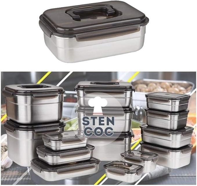 STENCOC Stainless Steel BPA Free Rectangular Leakproof Airtight Kimchi/Pickle / Food Storage Container Saver (2.5L / 85oz / 9.8") One Handle Half-Transparent Lid Stackable
