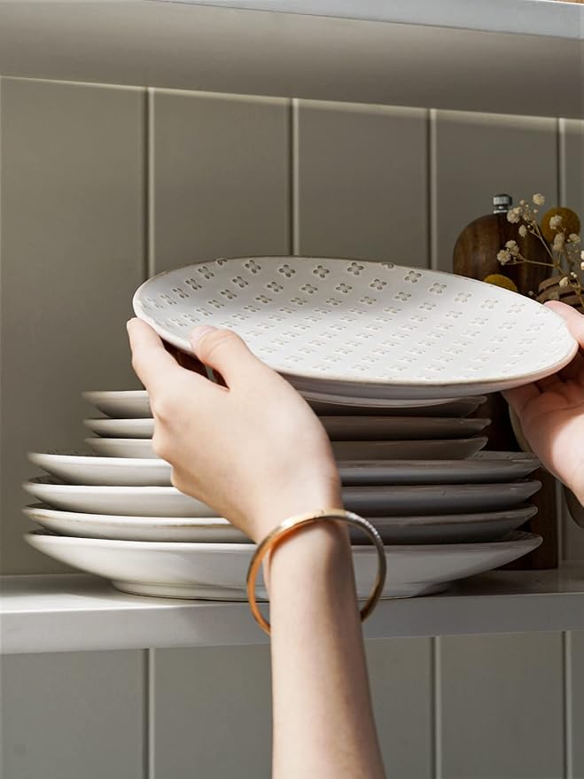 LE TAUCI 8 Inch Ceramic Salad Plates Set of 4, Modern Embossed Appetizer Plates for Kitchen, Small Dessert Plates, Microwave & Dishwasher Safe Dinnerware Sets - Arctic White