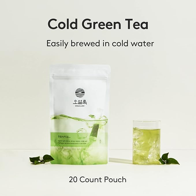 OSULLOC Cold Green Tea, Unsweetened Iced Tea Bags, Stick-Type in Pouch Package, Premium Organic Pure Tea from Jeju, 20 count, 1.41 oz, 40g