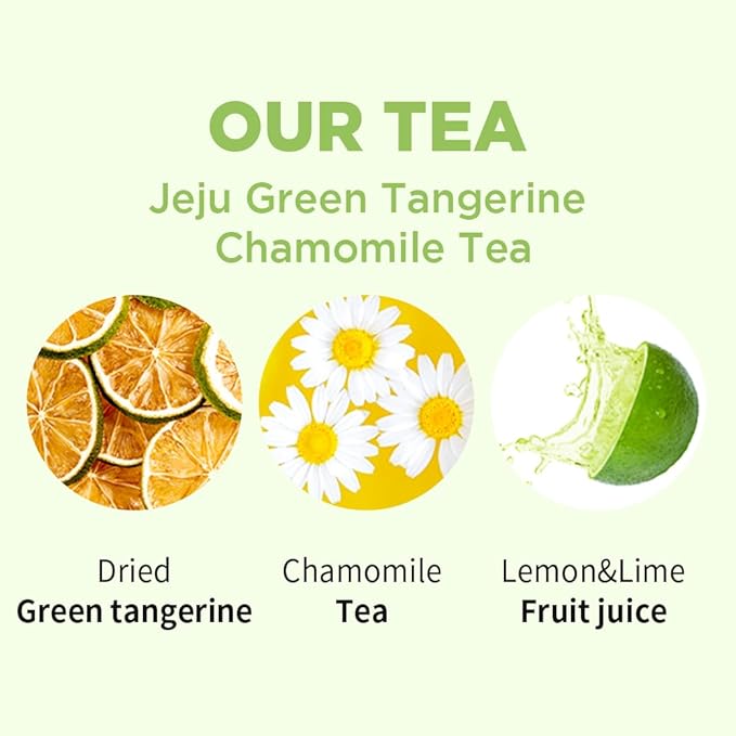 ROASTIQUE Jeju Green Tangerine Chamomile with Real Dried Fruit – Premium Orgainc Tea Sweet Fruit Blend Hot or Iced Tea Eco-friendly PLA bags, 8 Tea Bags