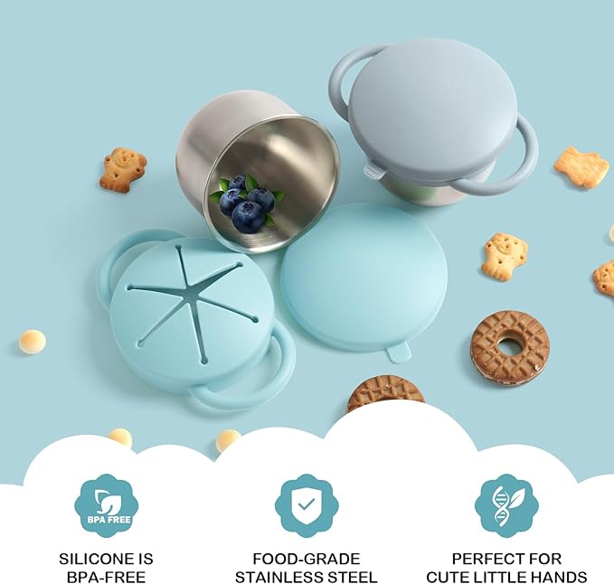 Daximo 2 Pack Snack Cups for Toddlers Spill Proof - Detachable Stainless Steel Toddler Snack Cups with Silicone Lids & Handles - Dishwasher Safe Baby Snack Containers (Light blue and Light grey)