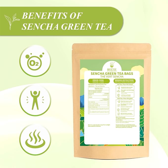 WT WEETEE Sencha Green Tea Bags 100 Count, Unique Roasted Rice Aroma, Non-Bitter & Refreshing Steamed Green Tea, Natural Caffeine & Antioxidant, Good for Hot Iced Cold
