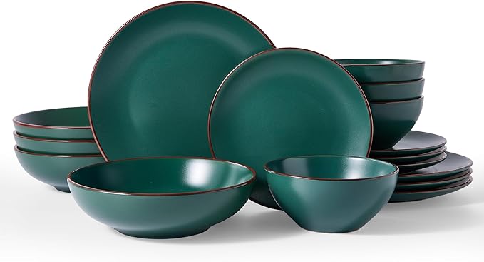 Famiware Venus Stoneware Dinnerware Set with Pasta Bowls for 4, 16-Piece Speckled Plates and Bowls with Trim, Matte Dark Green - Chip‑Resistant Dishes for Everyday & Formal, Microwave/Dishwasher Safe
