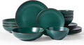 Famiware Venus Stoneware Dinnerware Set with Pasta Bowls for 4, 16-Piece Speckled Plates and Bowls with Trim, Matte Dark Green - Chip‑Resistant Dishes for Everyday & Formal, Microwave/Dishwasher Safe