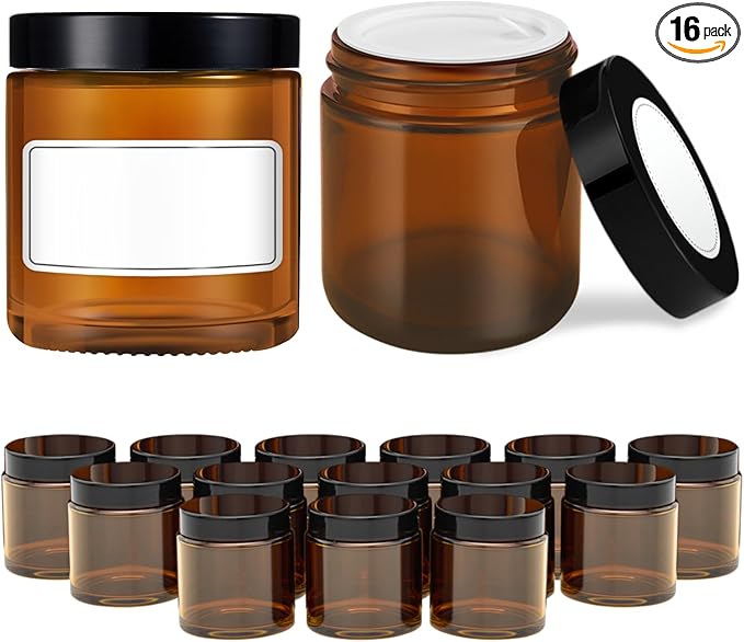 4 oz Glass Jars with Lids, 16 Pack Amber Jars with Lids & Inner Liners, Wide Mouth | Glass Black Mason Jars for Cream, Lotion, Honey, Jam, Jelly | Kitchen & Home