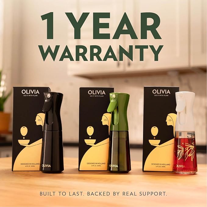 OLIVIA SIGNATURE Advanced Kitchen Oil Sprayer with Flairosol Technology, Fine Mist & Portion Control, Refillable Glass Olive Oil Cooking Spray Bottle for Air Fryer, Salad, BBQ, 200ml (Golden Leaves)