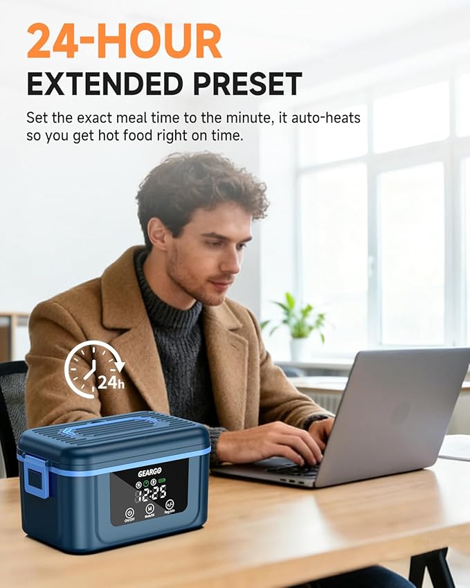 GEARGO 𝟐𝟎𝟐𝟔 𝐔𝐩𝐠𝐫𝐚𝐝𝐞𝐝 Cordless Electric Lunch Box, 6 Cups & 24000mAh Rechargeable Heated Lunch Box with Ice Crystal Box, 24 Hours Scheduled Self Heating Lunchbox For Men Women(Blue)
