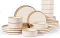 Famiware Nebula Plates and Bowls Sets, 24 Pieces Stoneware Dinnerware Sets, Microwave and Dishwasher Safe Dish Set, Dishware Sets for 8, Vanilla White with Brown Rim