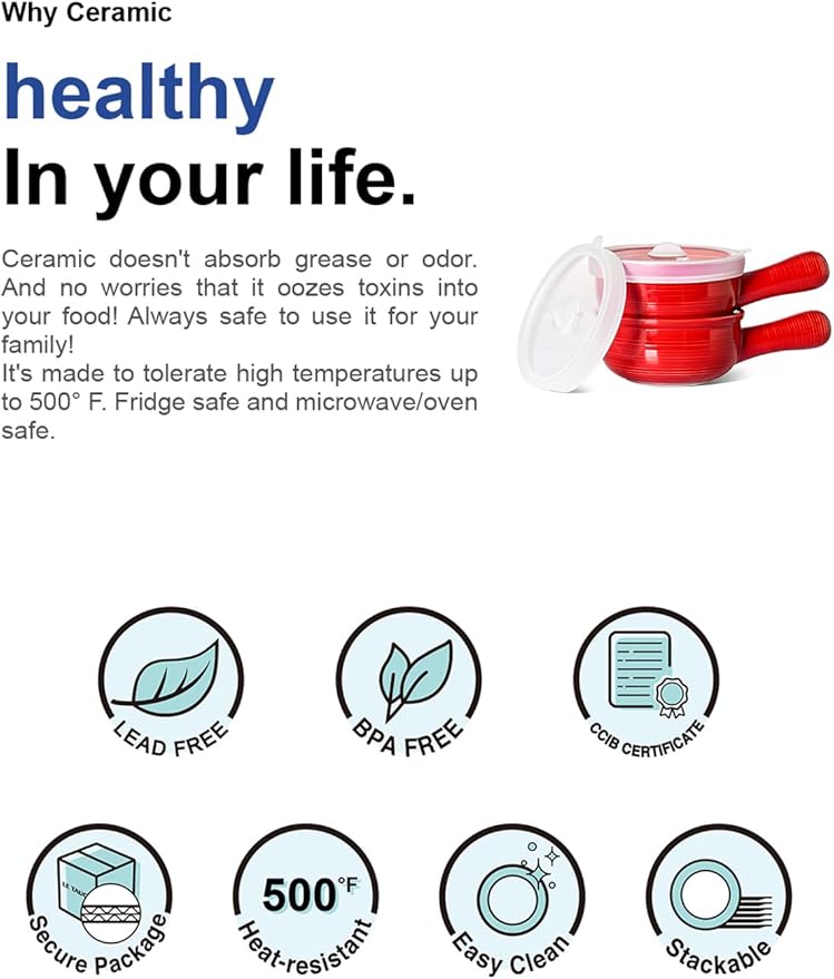 LE TAUCI Soup Bowls with Silicone Lids and Handles, 15 Oz French Onion Soup Bowls, Non-Toxic Ceramic Soup Crocks for Noodles, Stew, Cereal and Chilli, Oven Microwave Dishwasher Safe, Set of 2, Red
