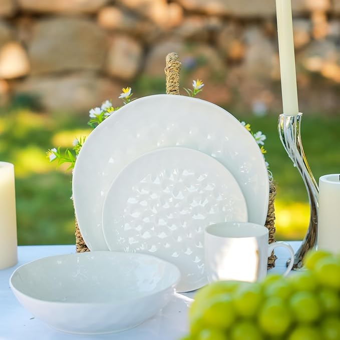 HOMBENE Dinner Pasta Set for 6, Dinner Plates, Salad Snacks Plates for Kitchen, Porcelain Dinner Plate, Microwave & Dishwasher Safe, Dinnerware Set, 10.5 Inches, Sun-glitter Style, White