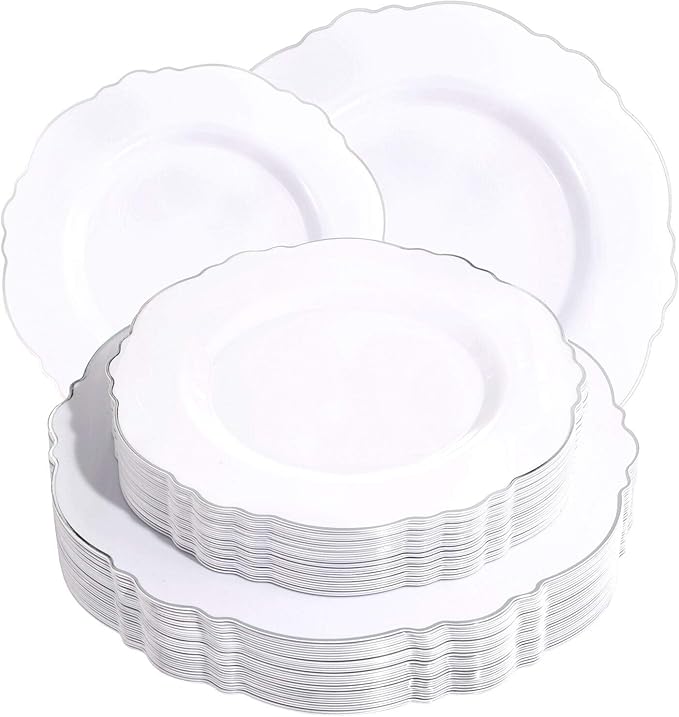 WDF 60pcs Silver Plastic Plates-Baroque White &Silver Plates for Upscale Parties &Wedding-including 30Plastic Dinner Plate 10.25inch, 30 Salad Plate 7.5inch for Baby/Shower/Wedding/Independence Day