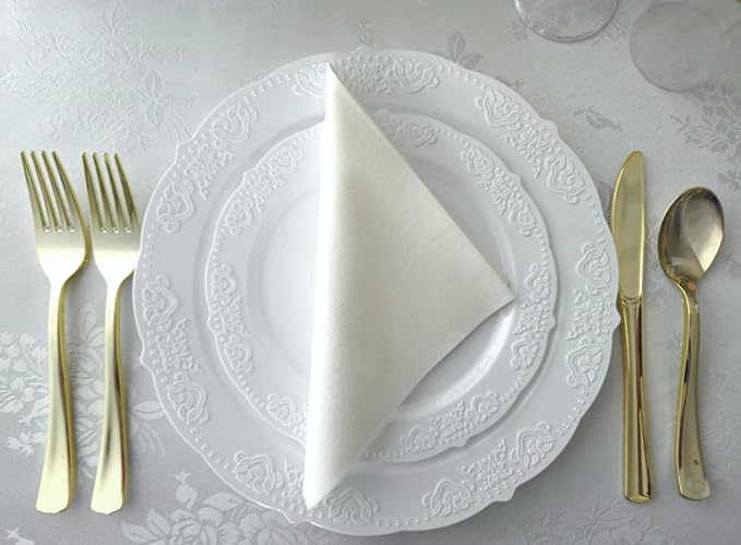OCCASIONS 50 Pack (25 Guests) Heavy Duty Fancy Disposable Plastic Plates Set - 25x10.25'' Dinner + 25x7.5'' Dessert Plates for Wedding, Party, Birthday, Bridal Shower, BPA Free (Portofino Plain White)