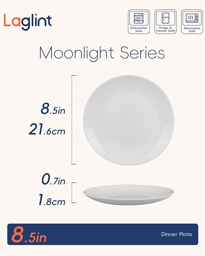 LaGlint 8.5 inch Salad Plate Set of 6, Lightweight Opal Glass Round White Plates for Appetizer Dessert Kitchen, Dishwasher and Microwave Safe
