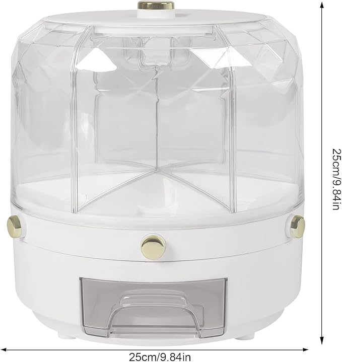 Grain Storage Container Dispenser, 6 Grids rice dispenser rotating, 360° rotating food dispenser One-Click Output rice Storage Round Grain Dispenser Kitchen (White Gold Plated 1.1kg)