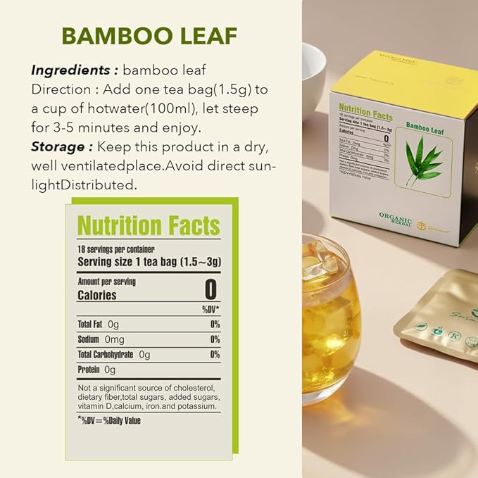 Soilmount - Bamboo Leaf Tea - |DanZhuYe|淡竹叶|댓잎| - Pure Herbal Tea - Natural, Organic, Non-GMO, Clean Ingredients, Caffeine Free (18 Tea Bags, Box 1)