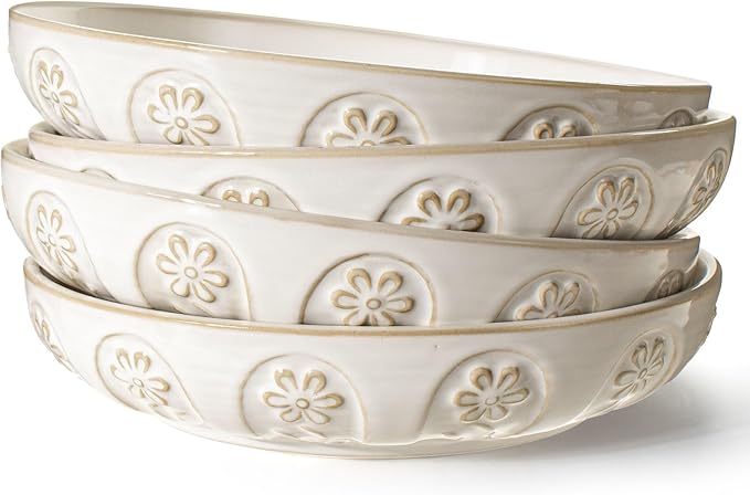 Artena Pasta Bowls, 50oz Large Salad Serving Bowls, 9.75'' Plates Bowls Set of 4, Big White Ceramic Soup Bowls for Kitchen, Embossment Shallow Dinner Bowl, Microwave Dishwasher Safe, Pinwheel Flower