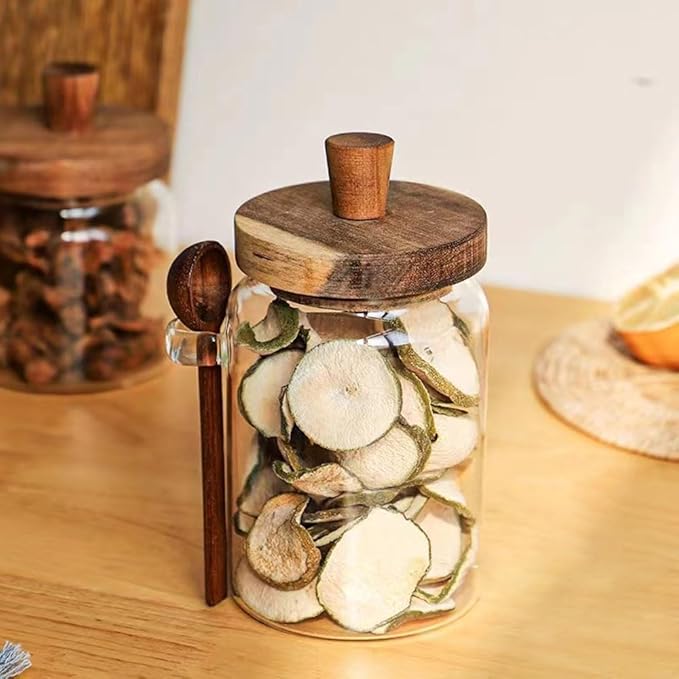 Glass Jars with Wooden Lids and Spoons set of 3,Clear Glass Coffee Containers with Scoop Decorative Kitchen Food Storage Jars for Coffee Beans,Tea,Nut Candy,Sugar,Bath Salts(17OZ/22OZ/27OZ)