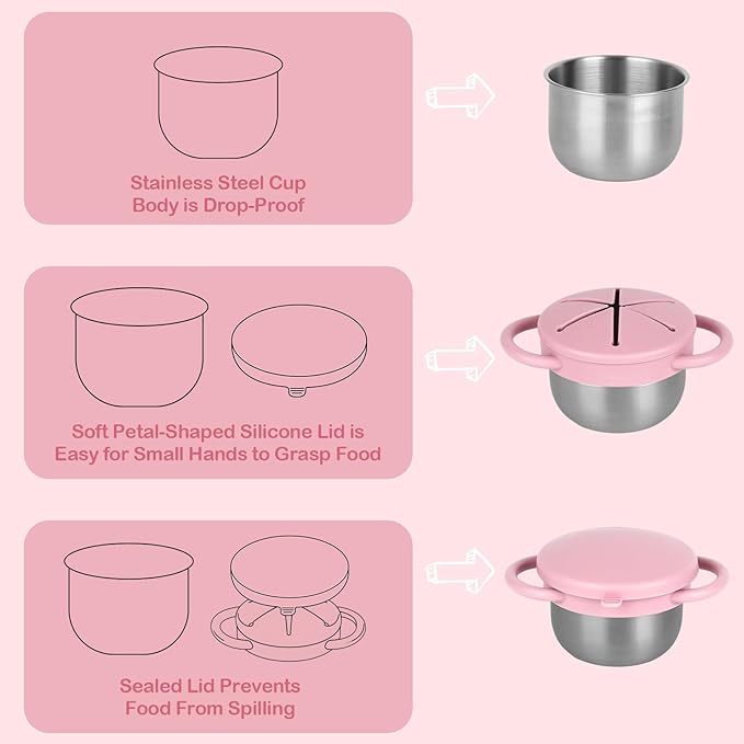 Daximo 2 Pack Snack Cups for Toddlers Spill Proof - Detachable Stainless Steel Toddler Snack Cups with Silicone Lids & Handles - Dishwasher Safe Baby Snack Containers (Matte Pink and Matte Off White)