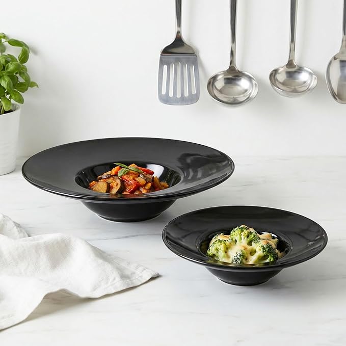 Ceramics Rimmed Soup Bowls 5.1 oz, Black 8.5 inch Exquisite small soup plate Set of 4, Pasta plates With Rim is the best choice for hotels, kitchens, fine restaurants and gourmets