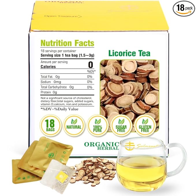 Soilmount Licorice Tea (Gan Cao/甘草)| Natural Herbal Drink | 18 Bags per Box, Soothing & Relaxing, Perfect for Daily Enjoyment