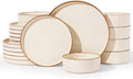 Famiware Nebula Plates and Bowls Sets, 18 Pieces Stoneware Dinnerware Sets, Microwave and Dishwasher Safe Dish Set, Dishware Sets for 6, Vanilla White with Brown Rim