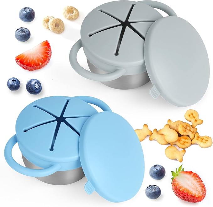Daximo 2 Pack Snack Cups for Toddlers Spill Proof - Detachable Stainless Steel Toddler Snack Cups with Silicone Lids & Handles - Dishwasher Safe Baby Snack Containers (Matte Blue and Matte Green)