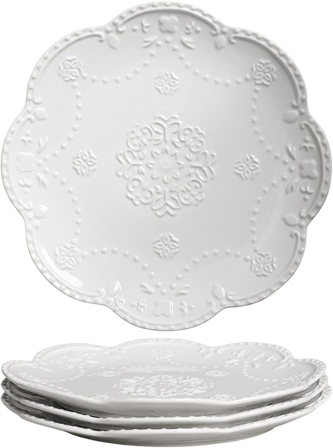 Gaolinci European Palace Series Lace Embossed Ceramic Dinner Plate (Set of 4)