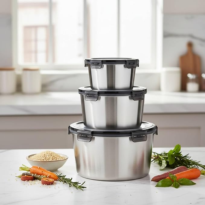 316L Stainless Steel Food Storage Containers with Lids, 20oz 34oz 71oz Airtight Metal Meal Prep Containers,Bento Lunch Box for Kitchen, Picnic & Camping（600 ml / 1000 ml / 2100 ml）