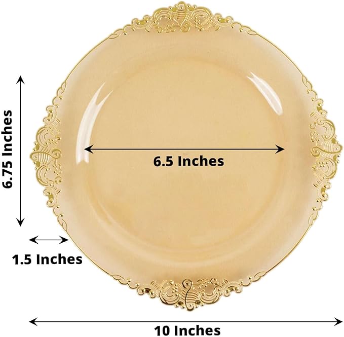 Efavormart 10 Pack | 10" Translucent Gold Baroque Dinner Plates, Leaf Embossed Metallic Rim Shatterproof Serving Plates for High-Fashion Galas