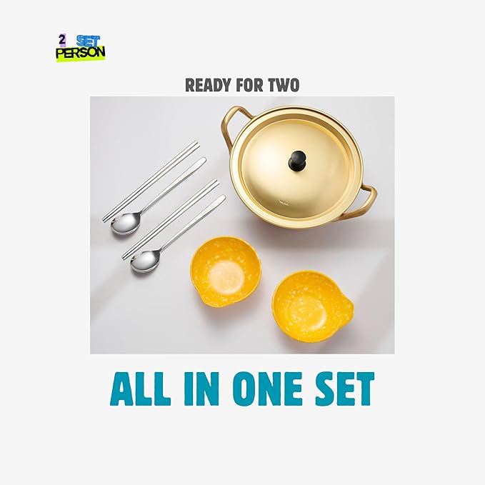 xenoz Korean Ramen Pot Set 2 Person Aluminum Cooking Pot with 2 Bowls Chopsticks Spoon Lightweight Korean Cookware for Noodles Soup Dorm Cooking Made in Korea