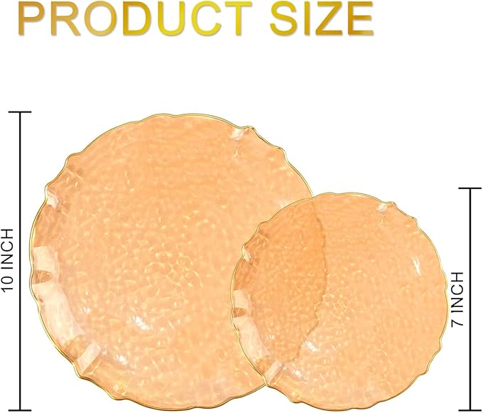 bUCLA 40PCS Orange Plastic Disposable Plates - Fancy Clear Orange Hammered with Gold Lace-Edge - Include 20 Each (10inch Dinner & 7inch Dessert) Plates for Party & Wedding