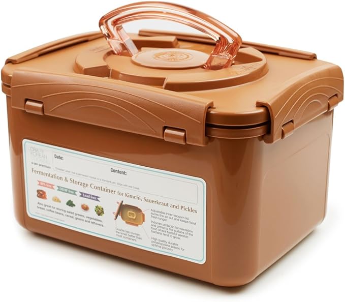 Crazy Korean Cooking Premium Kimchi, Sauerkraut Fermentation and Storage Container with Inner Vacuum Lid, Sandy Brown (1.3 Gal (5.2L) 1 PACK)