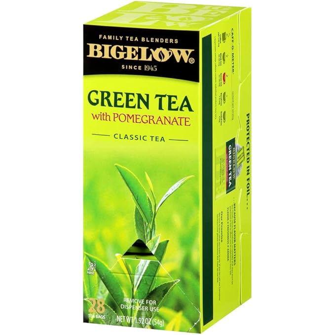 Bigelow Tea Green Tea with Pomegranate 28-Count Box (Pack of 1) Premium Green Tea with Pomegranate Rosehips Hibiscus Antioxidant-Rich All Natural Medium-Caffeine Tea in Foil-Wrapped Bags